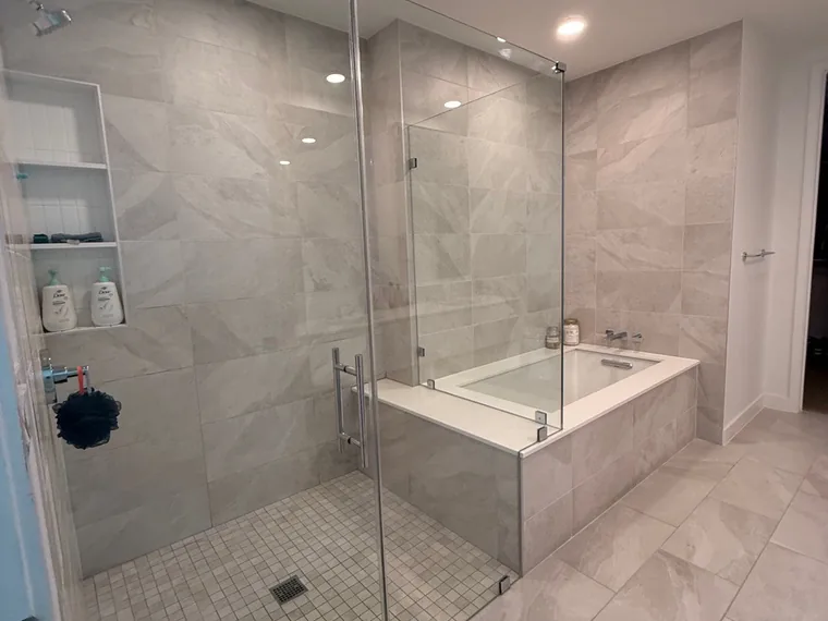 New tile and shower cleaned by Bellevue Clean, post-construction