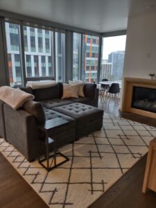 Clean and cozy Bellevue living room with sofa and rug by bellevuecleans – Recurring Cleaning Service