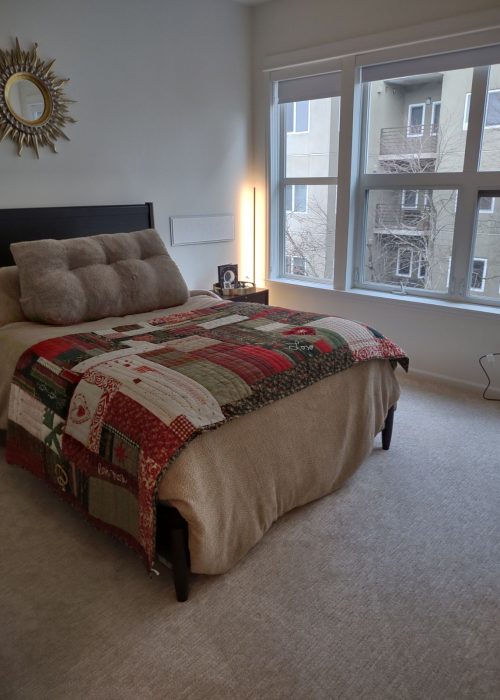 Neatly cleaned and cozy bedroom with natural light, styled bed, and fresh carpet—professionally serviced by BellevueCleans, expert cleaning services in Bellevue.
